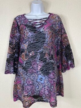 0108 new directions Black Multicolor Lace-Up Neck Tunic